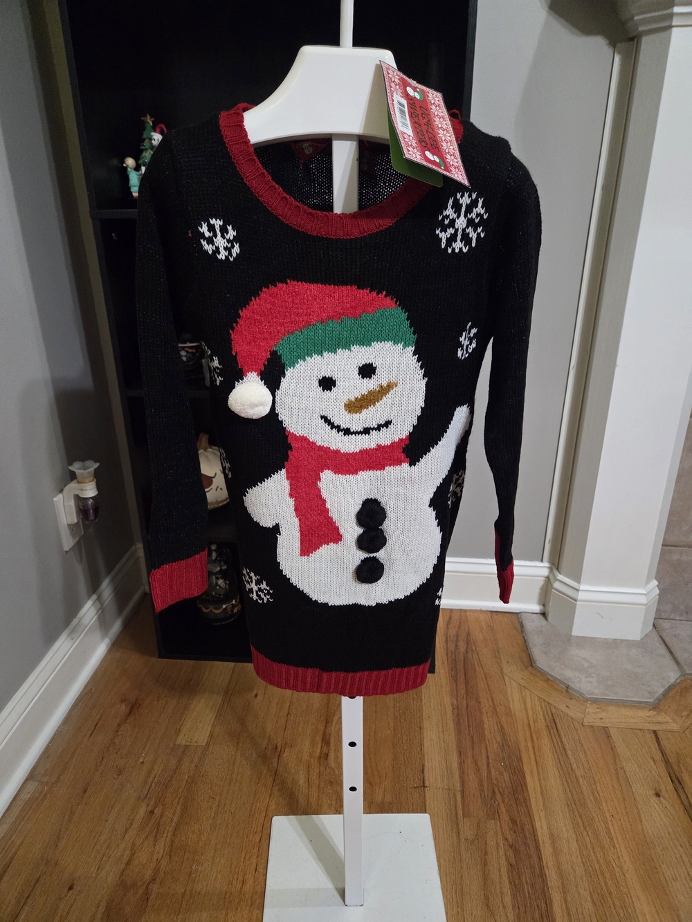 Kids Black Snowman Holiday Sweater with Red Trim